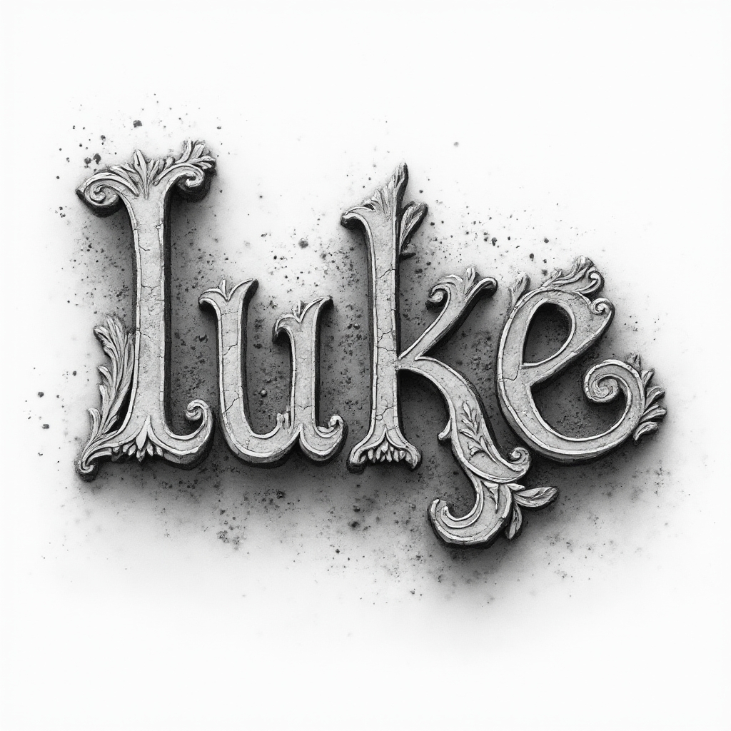 Highly detailed black and grey sculpted lettering tattoo concept of the name luke on a white background