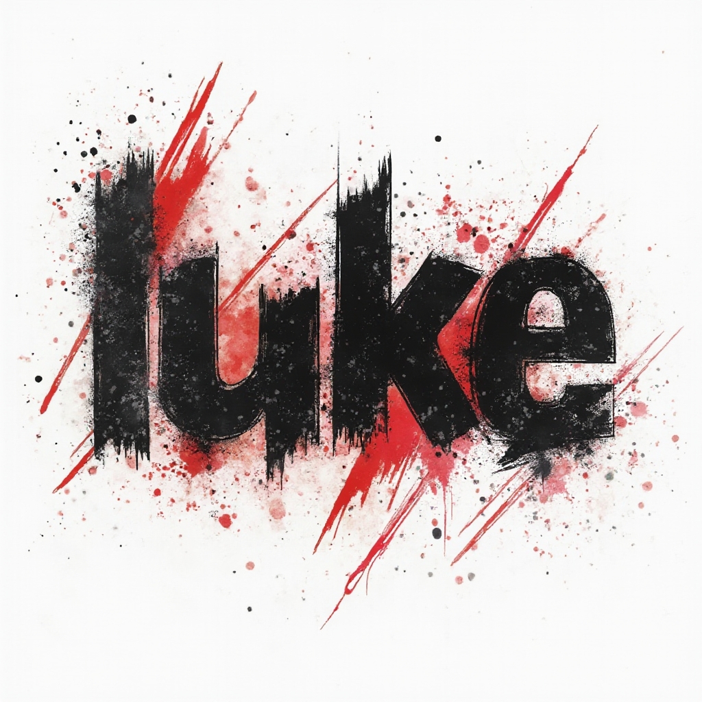 Trash Polka style tattoo design where the name luke is fragmented with bold black and red ink on a white background