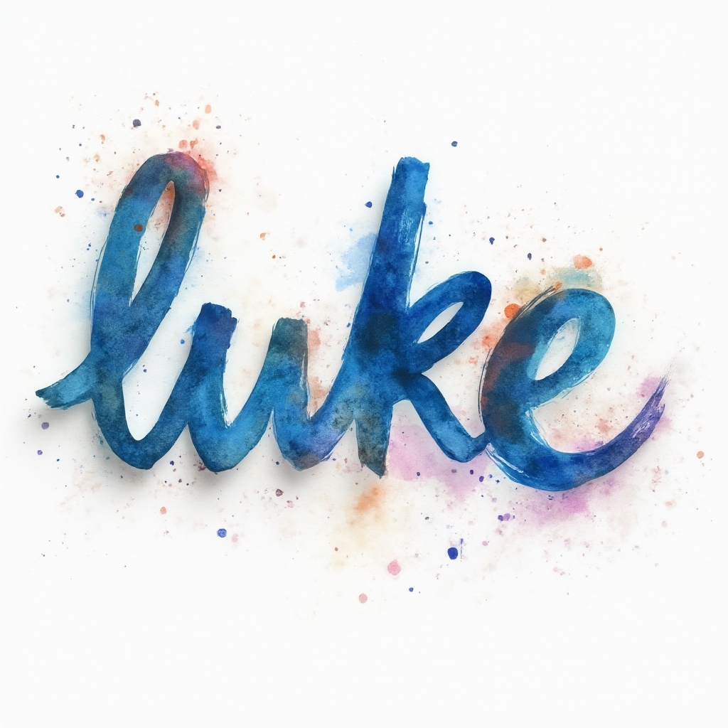 Watercolor-style tattoo concept where the name luke is painted in fluid brushstroke lettering with splashes and gradients on a white background