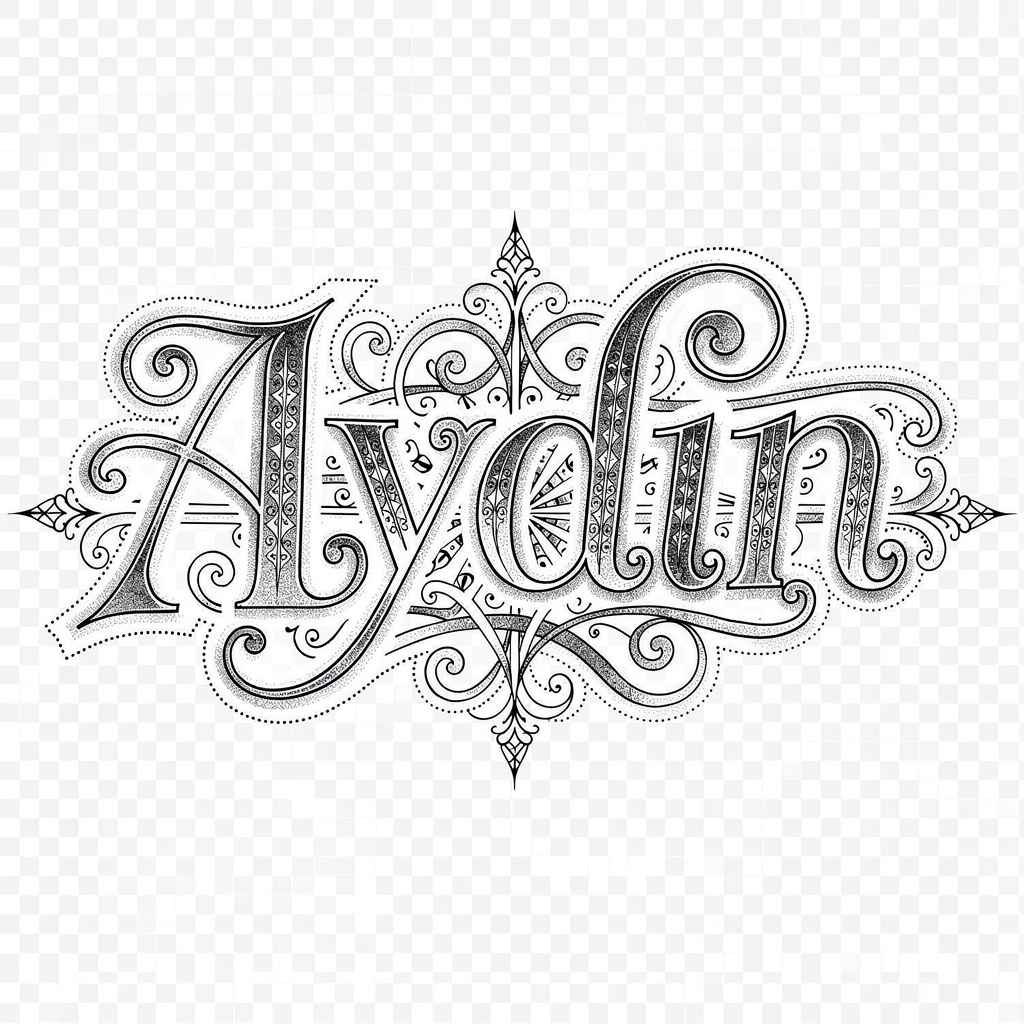 Ornamental blackwork-style tattoo design of the name Aydın with fine lines and dotwork.