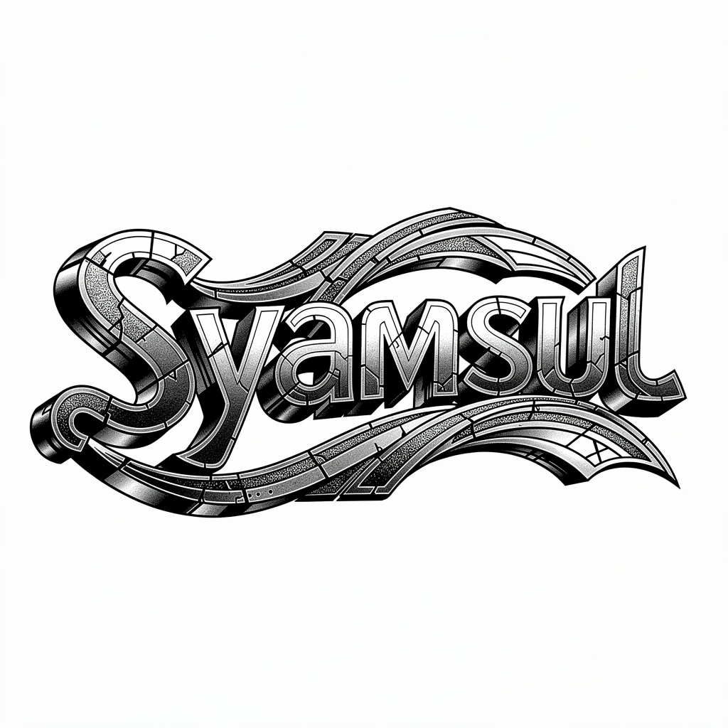Futuristic AI-original tattoo style spelling the name Syamsul with layered metallic-like lettering.