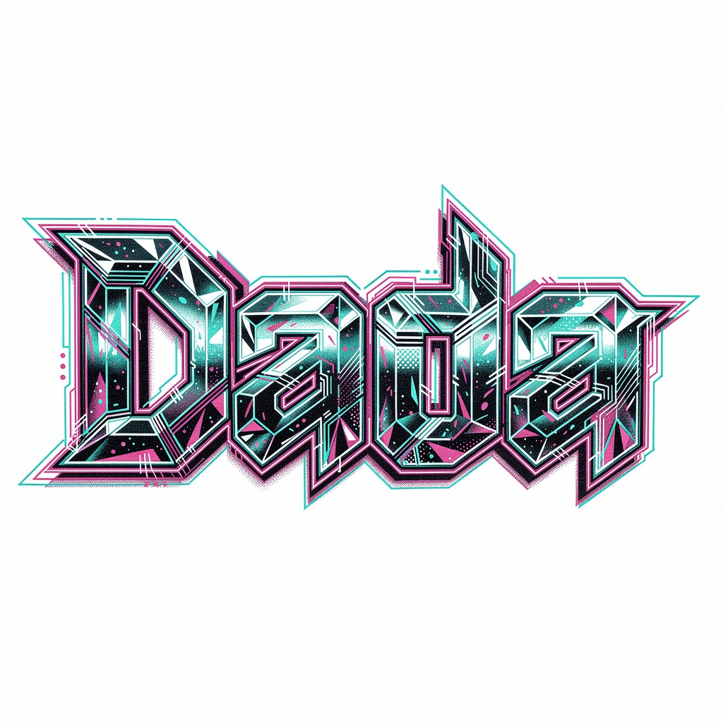 Futuristic geometric tattoo design of the name Dada with glowing linework on white background