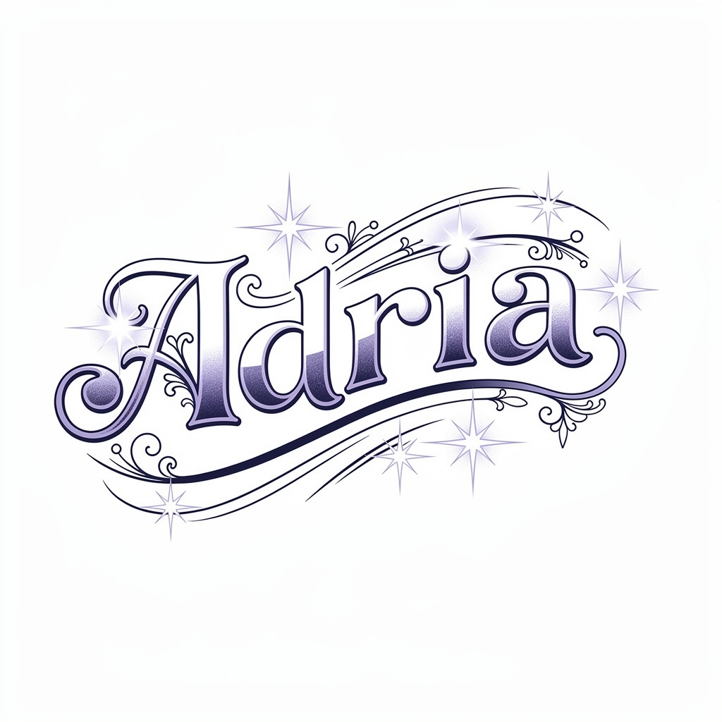 Neo-traditional inspired luminous tattoo lettering of the name Adria on white background.