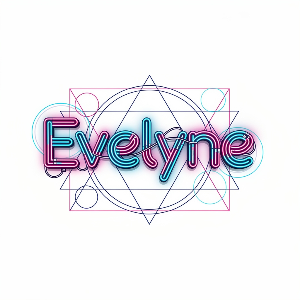 Neon-inspired geometric tattoo design of the name Evelyne on a white background.