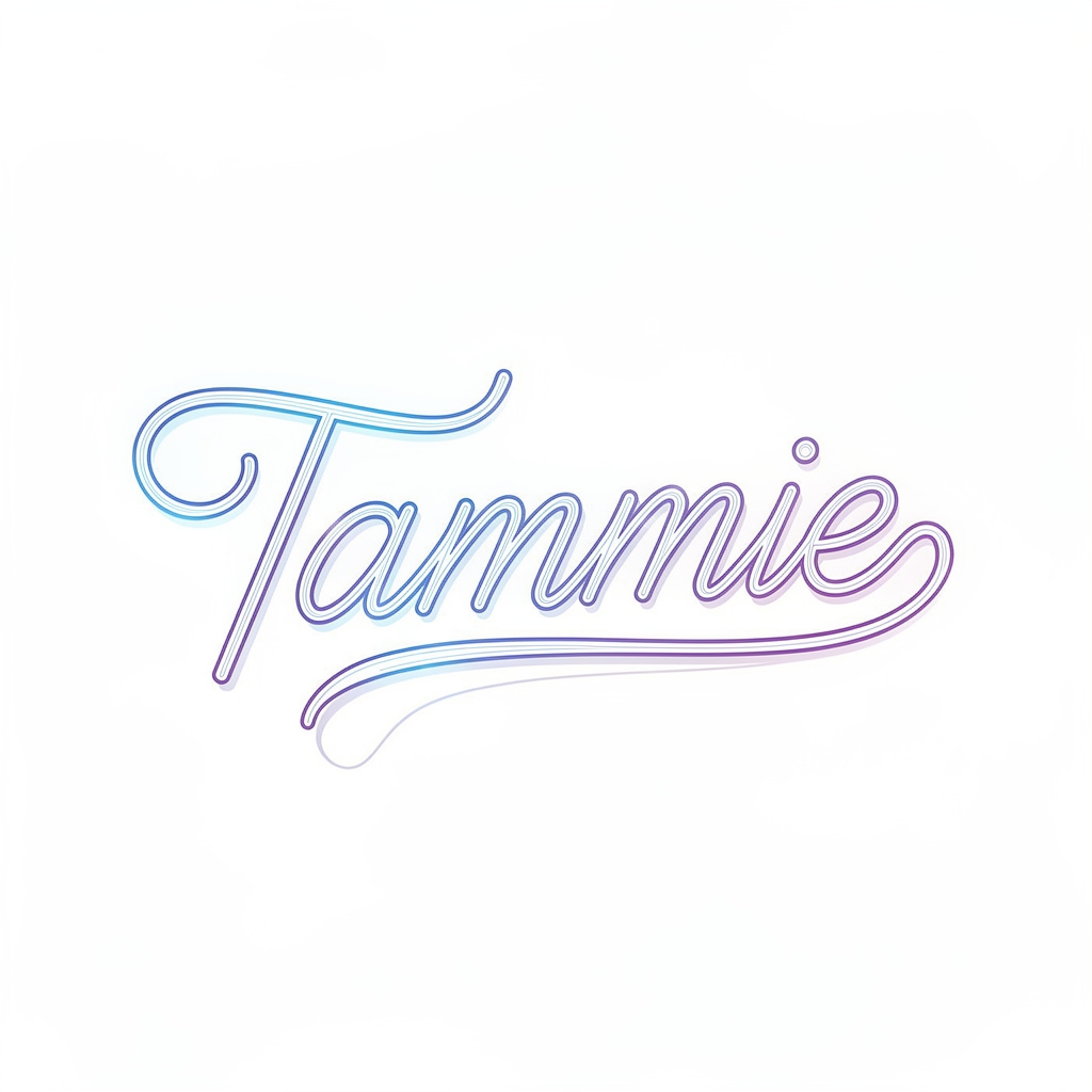 Minimal neon-inspired fine-line tattoo design of the name Tammie glowing in cool tones on a white background.