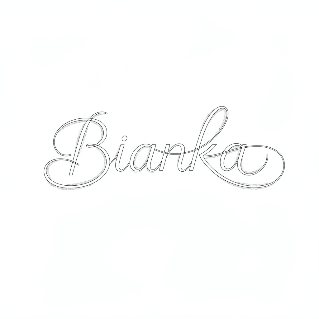 Fine-line Lumoscript tattoo design of the name Bianka on a white background.