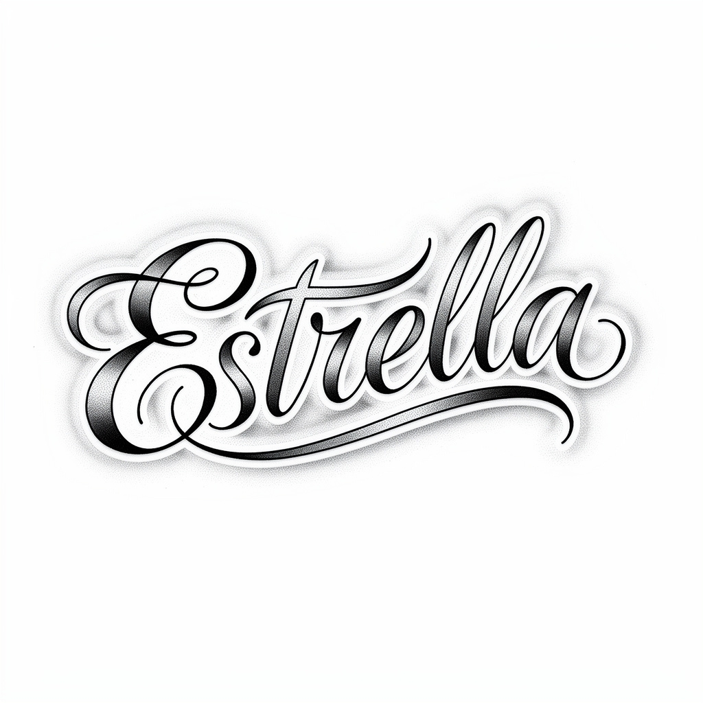 AI-original black and gray tattoo design of the name Estrella on a white background.