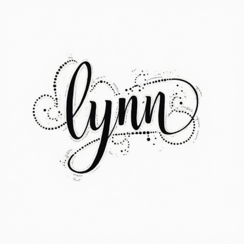 Elegant black linework tattoo concept of the name lynn with flowing ornamental curves on a white background.