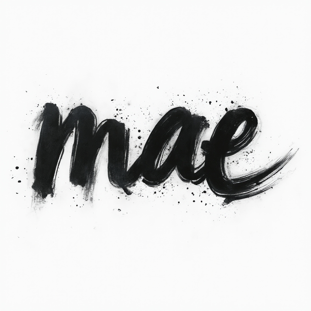 Artistic name tattoo concept where mae is formed from bold expressive black brush strokes on a white background.