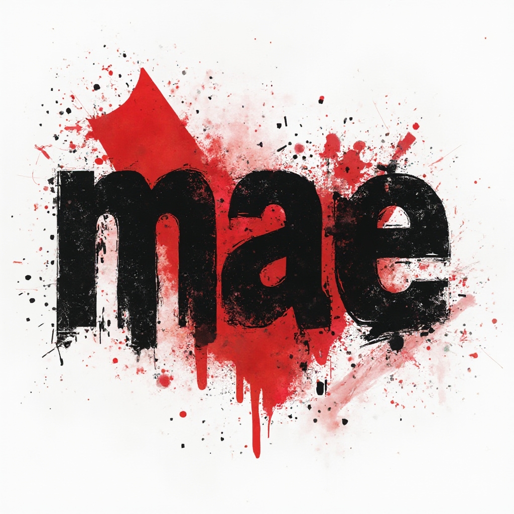 Trash Polka inspired tattoo design where mae is bold black and red fragmented lettering on a white background.