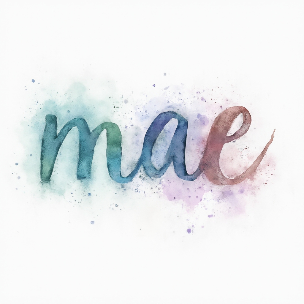 Watercolor-style tattoo concept where the name mae is formed from flowing painted letters on a white background.