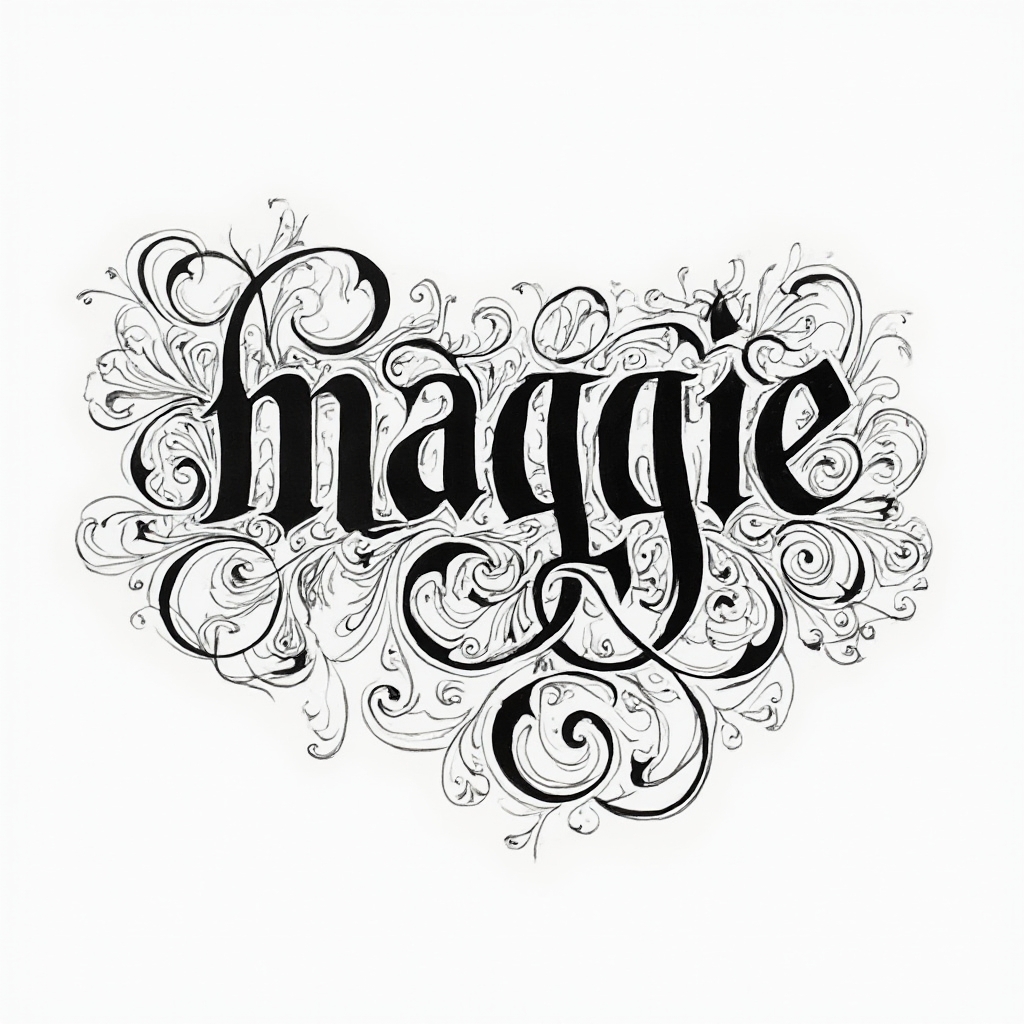 Ornamental black linework tattoo emblem spelling maggie in intricate interlocking letters on a white background