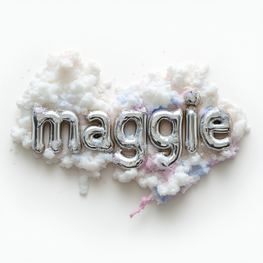 Surreal dreamscape tattoo concept where the name maggie melts into clouds and abstract shapes on a white background