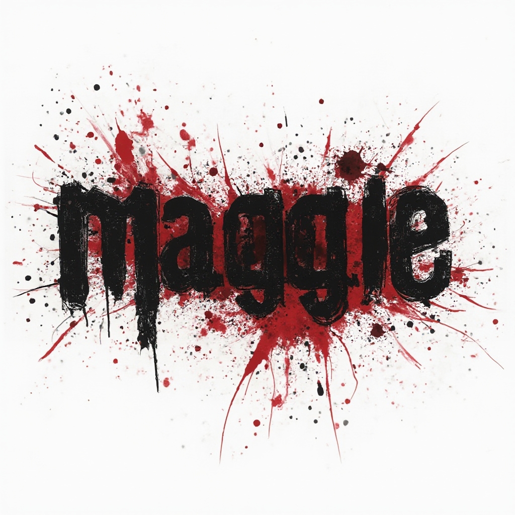 Trash Polka tattoo design of the name maggie with bold black strokes and red splashes on a white background