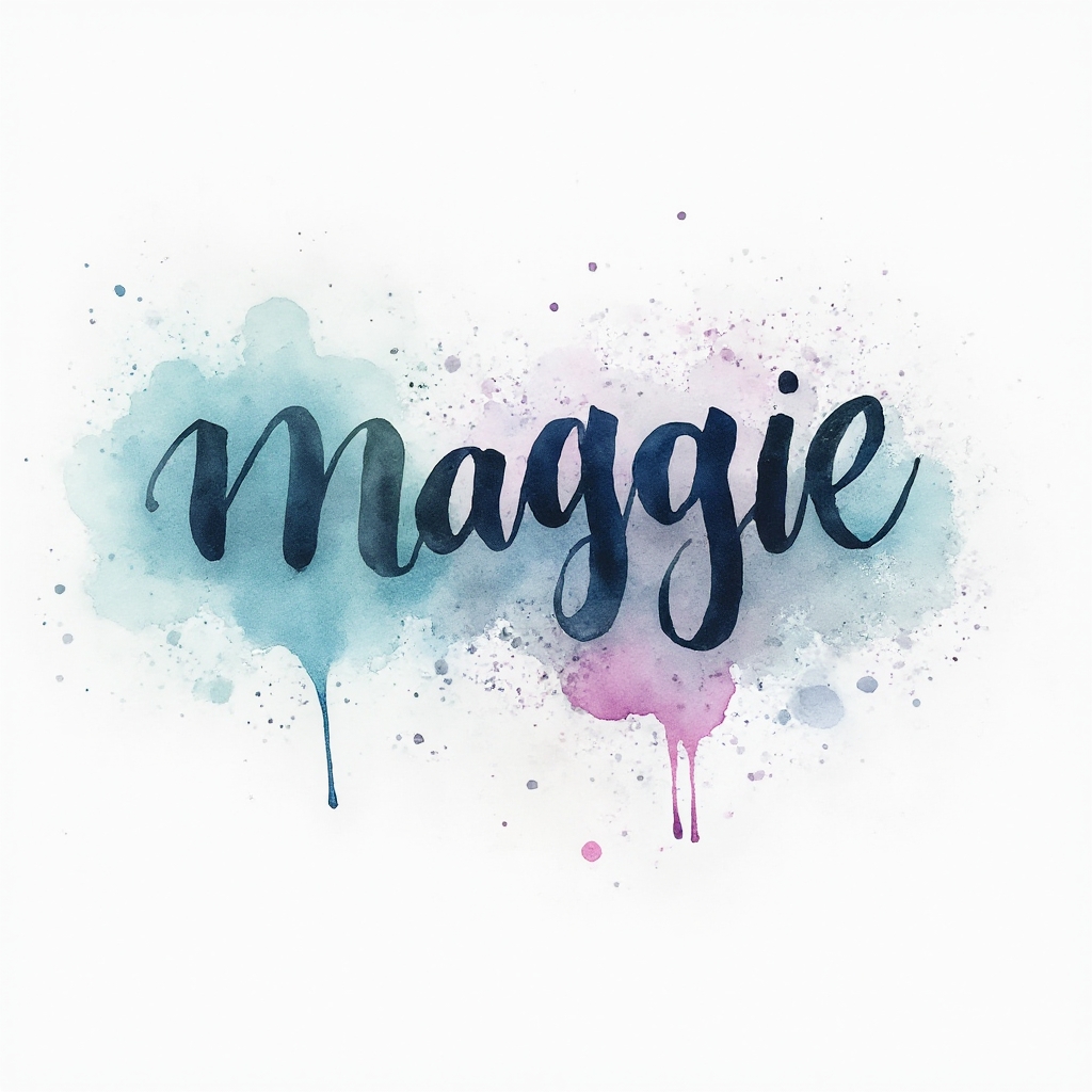 Watercolor splash tattoo concept of the name maggie in colorful flowing calligraphy on a white background