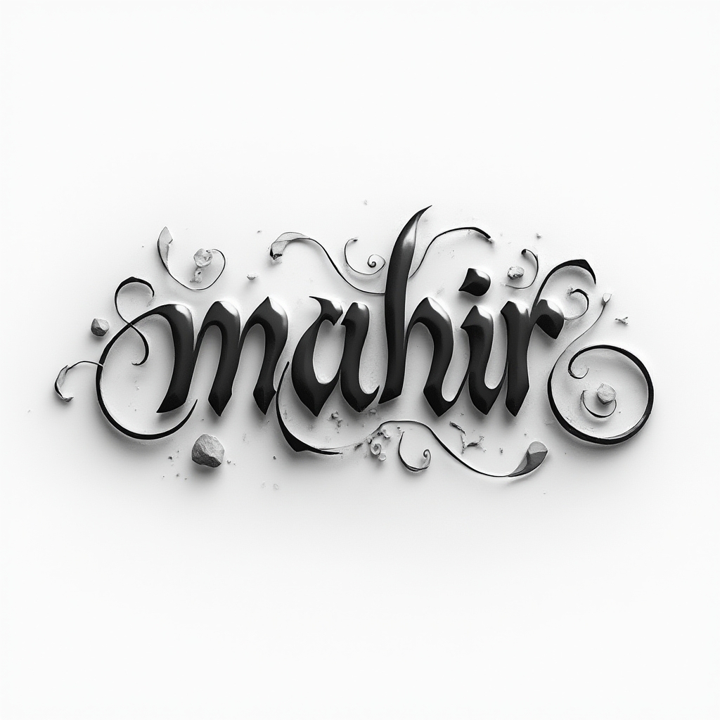 Dimensional grayscale tattoo design where the name mahir appears as smooth flowing 3D letters on a white background