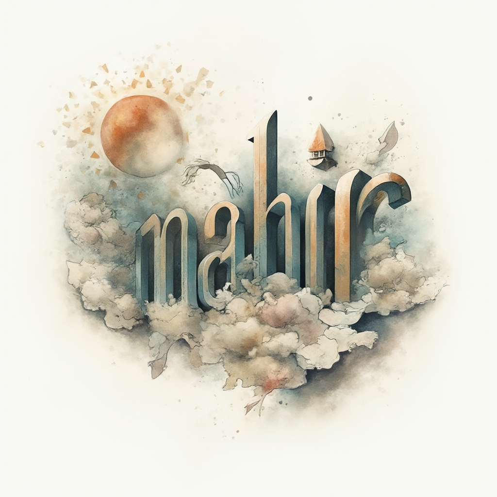 Surreal tattoo design where the name mahir appears as floating, impossible architectural letters on a white background
