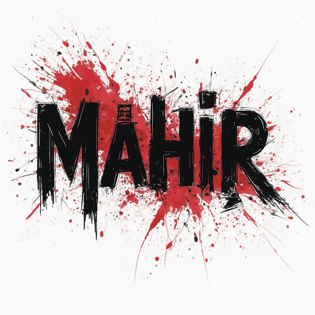 Trash Polka tattoo concept where the name mahir is formed by rough black strokes and red splashes on a white background
