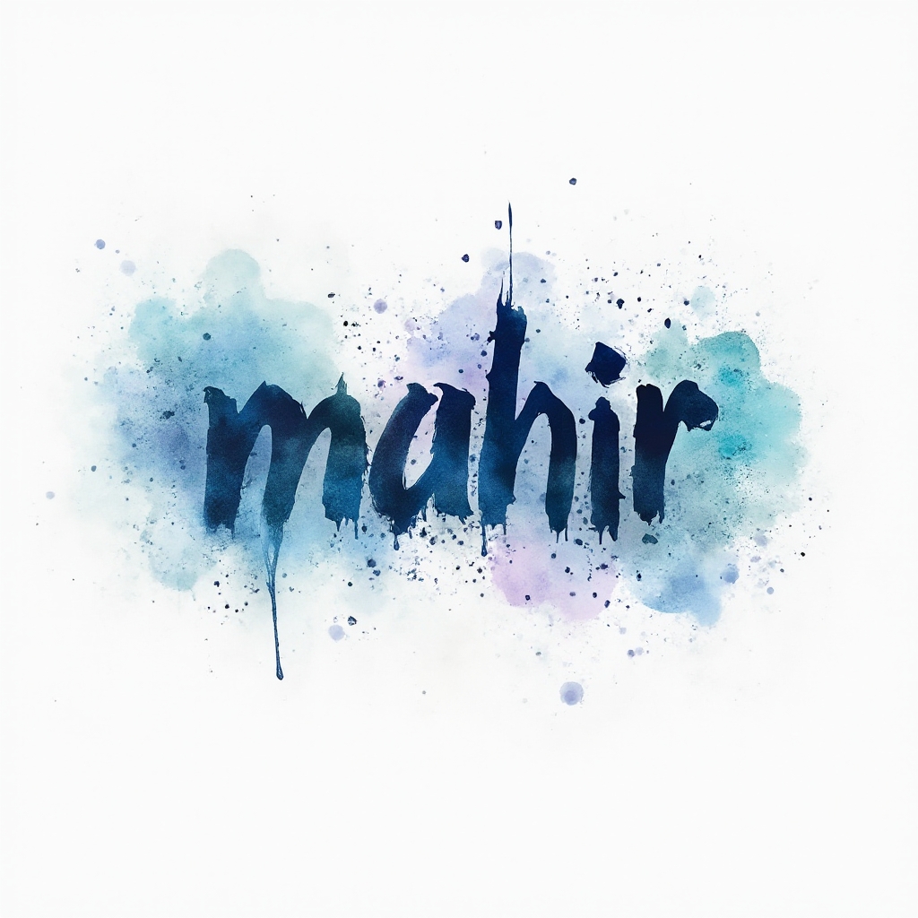 Watercolor tattoo concept where the name mahir is formed by flowing brushy letters with colorful splashes on a white background