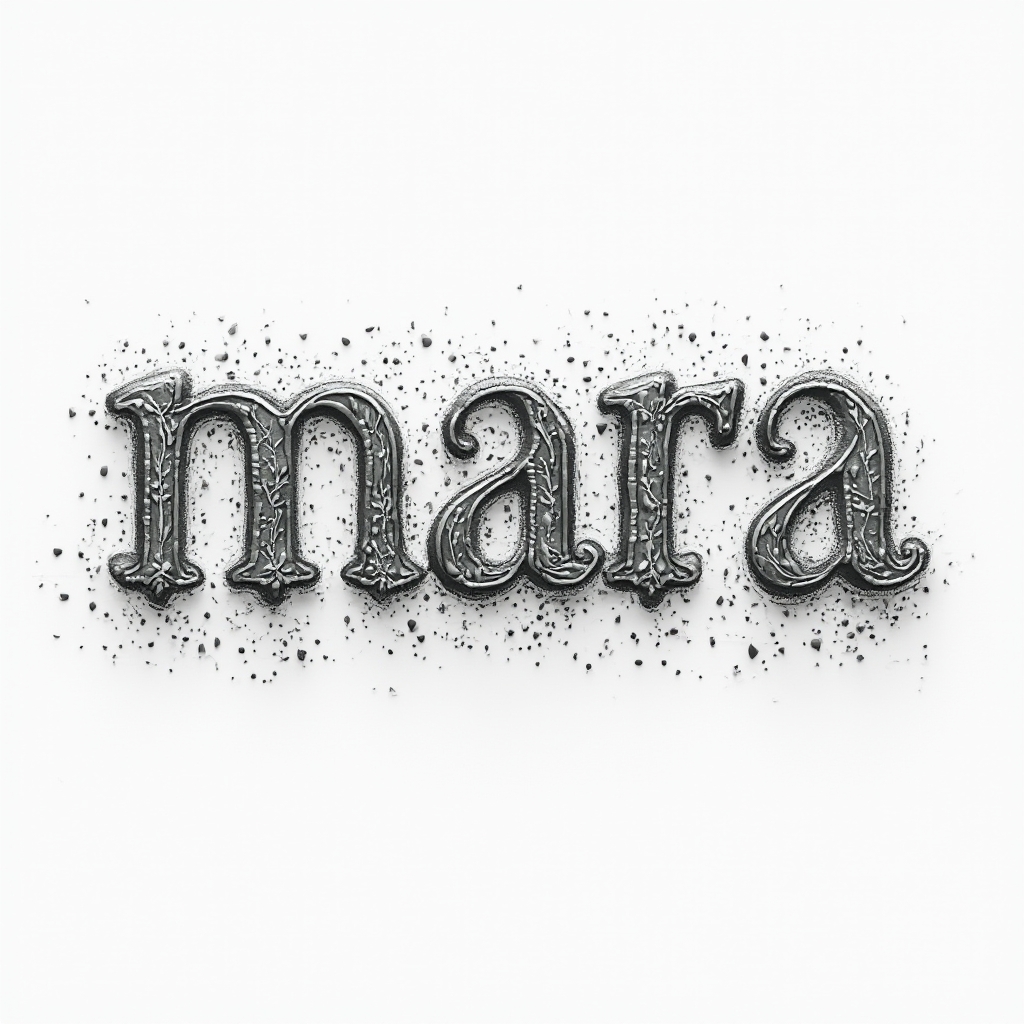 Monochrome ornamental tattoo concept where interlocking letter-forms spell mara on a white background