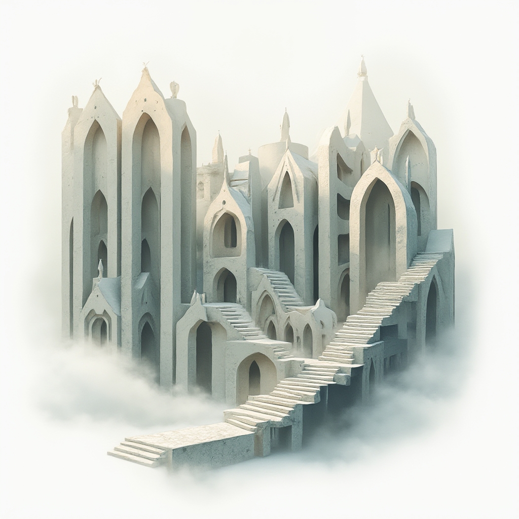 Surrealist dreamscape tattoo concept where architectural letter-forms spell mara on a white background