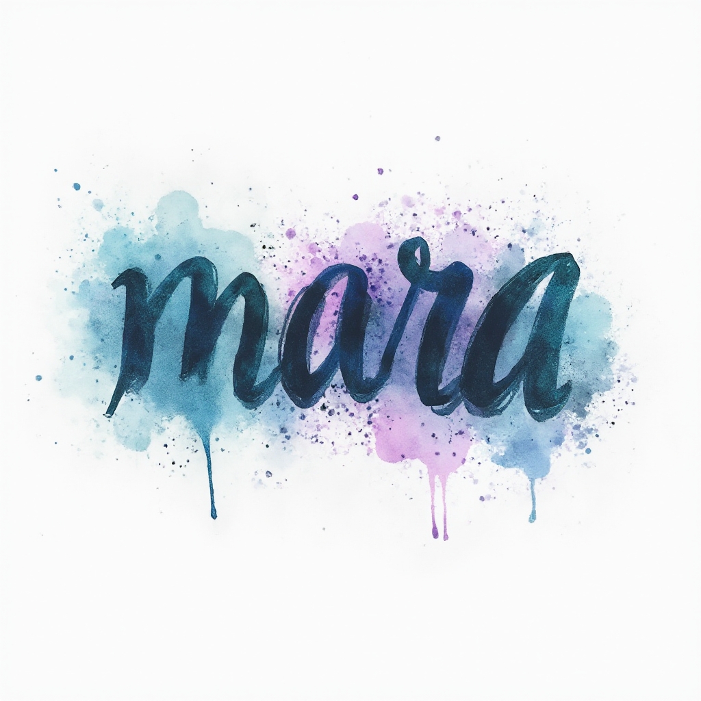 Watercolor ink splash tattoo design where the name mara is formed from flowing painted letters on a white background