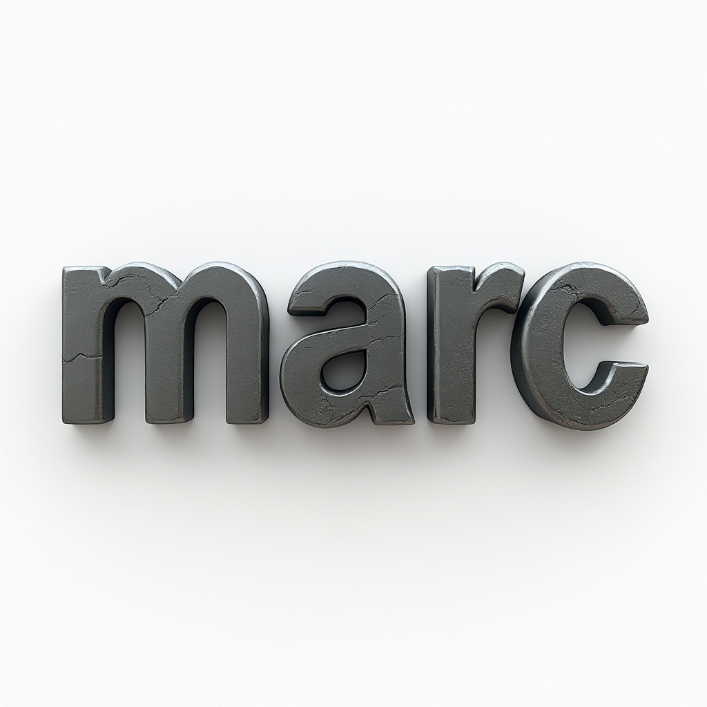 Dimensional monochrome tattoo concept with the name marc carved as 3D stone-like letters on a white background
