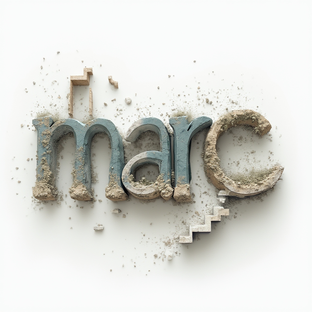 Surreal dreamscape tattoo concept where the name marc becomes floating, impossible architectural letters on a white background