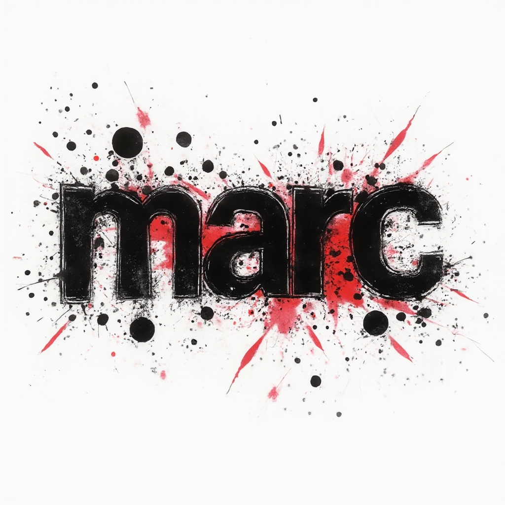 Trash Polka style tattoo concept with the name marc in bold, distressed black and red lettering on a white background