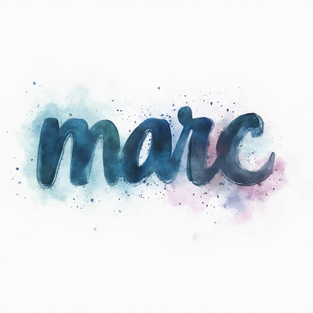 Watercolor splash tattoo concept with the name marc in fluid painted lettering on a white background