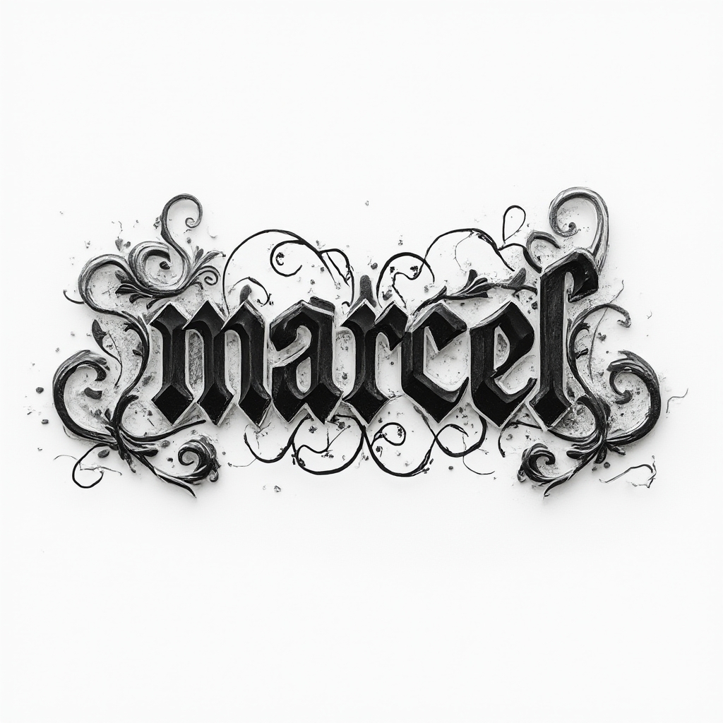 Ornamental black and gray tattoo design with the name marcel in sculpted, decorative lettering on white background