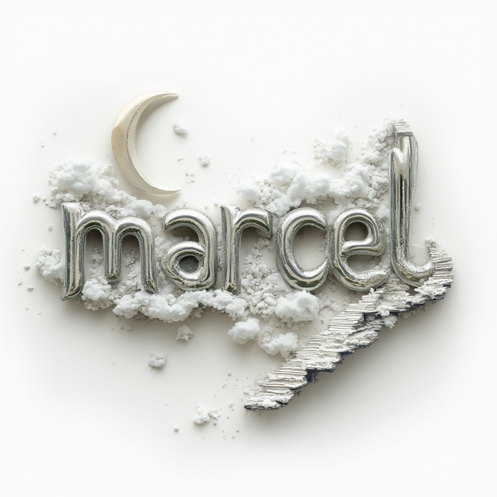 Surreal dreamscape tattoo design forming the name marcel from melting shapes and floating architectural forms on white background