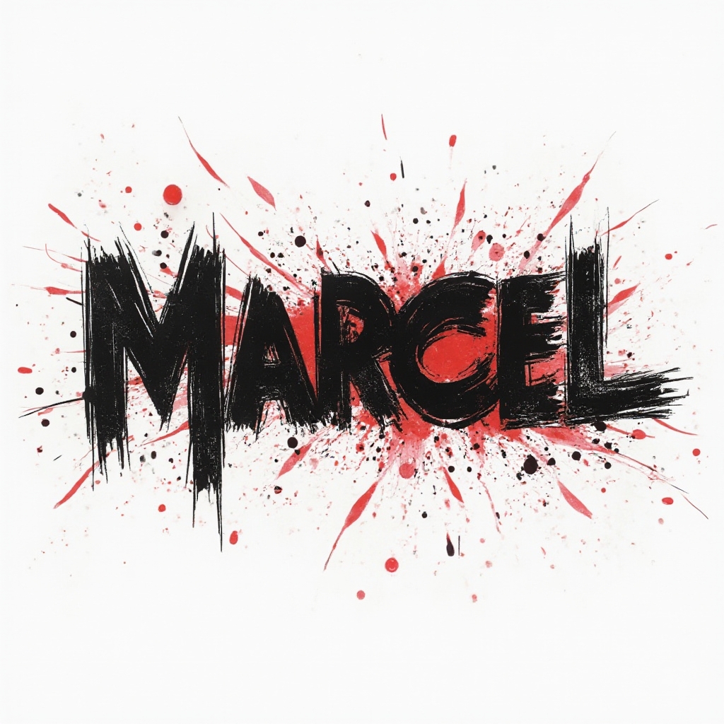 Trash Polka style tattoo design with the name marcel in bold black and red abstract lettering on white background