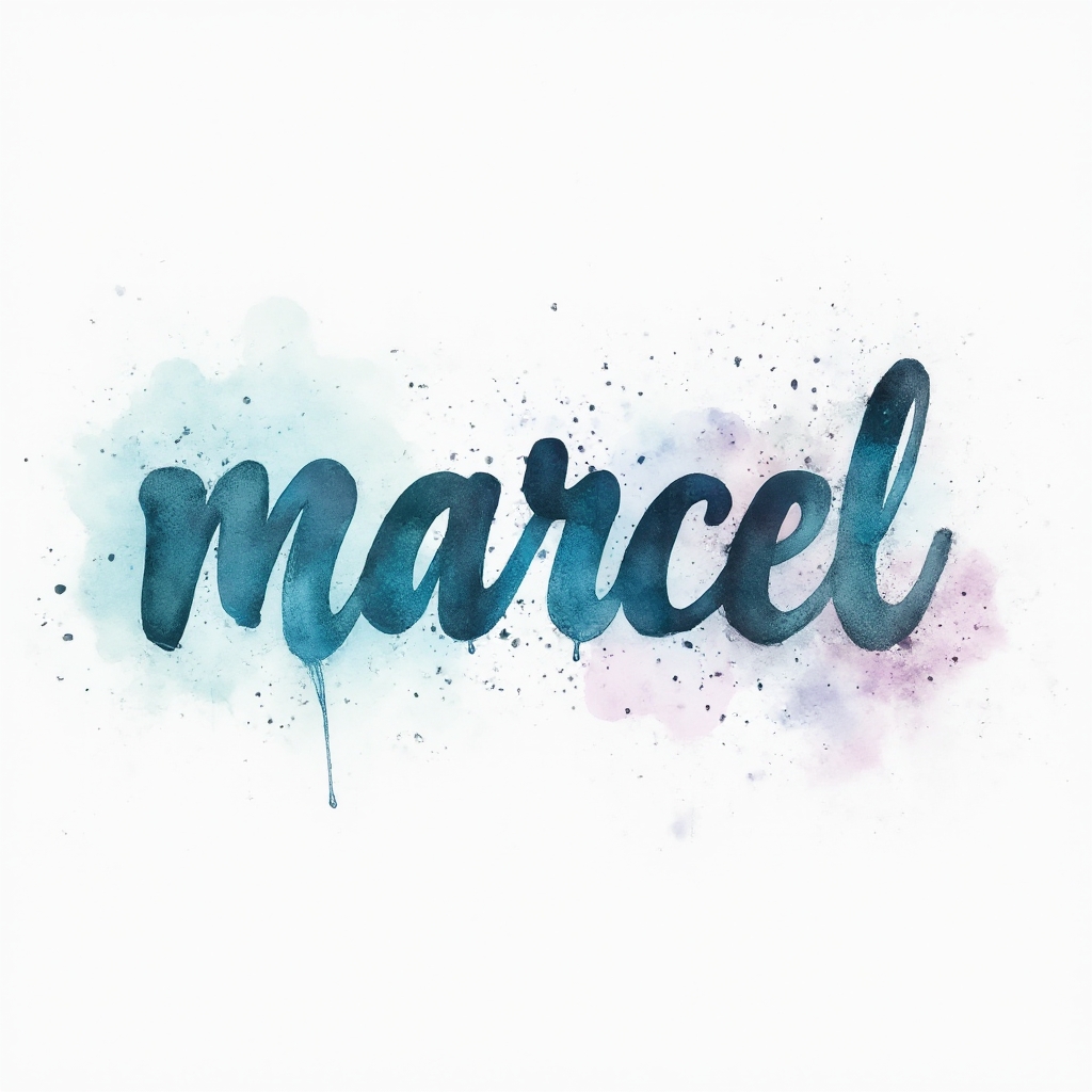 Watercolor splash tattoo concept with the name marcel in flowing multicolor brushstroke lettering on white background