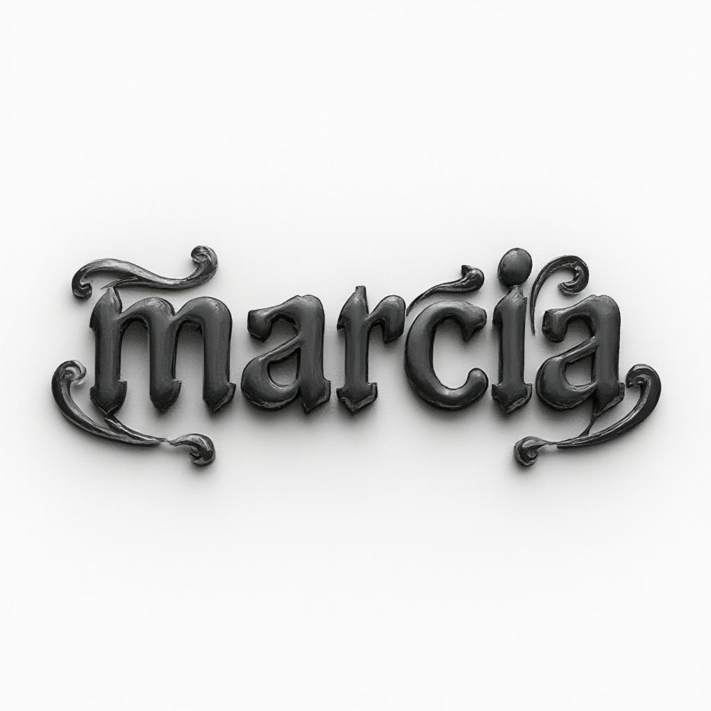Dimensional tattoo design of the name marcia in sculpted metallic lettering