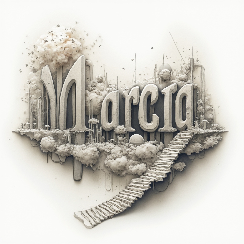 Surreal tattoo design of the name marcia morphing into dreamlike shapes