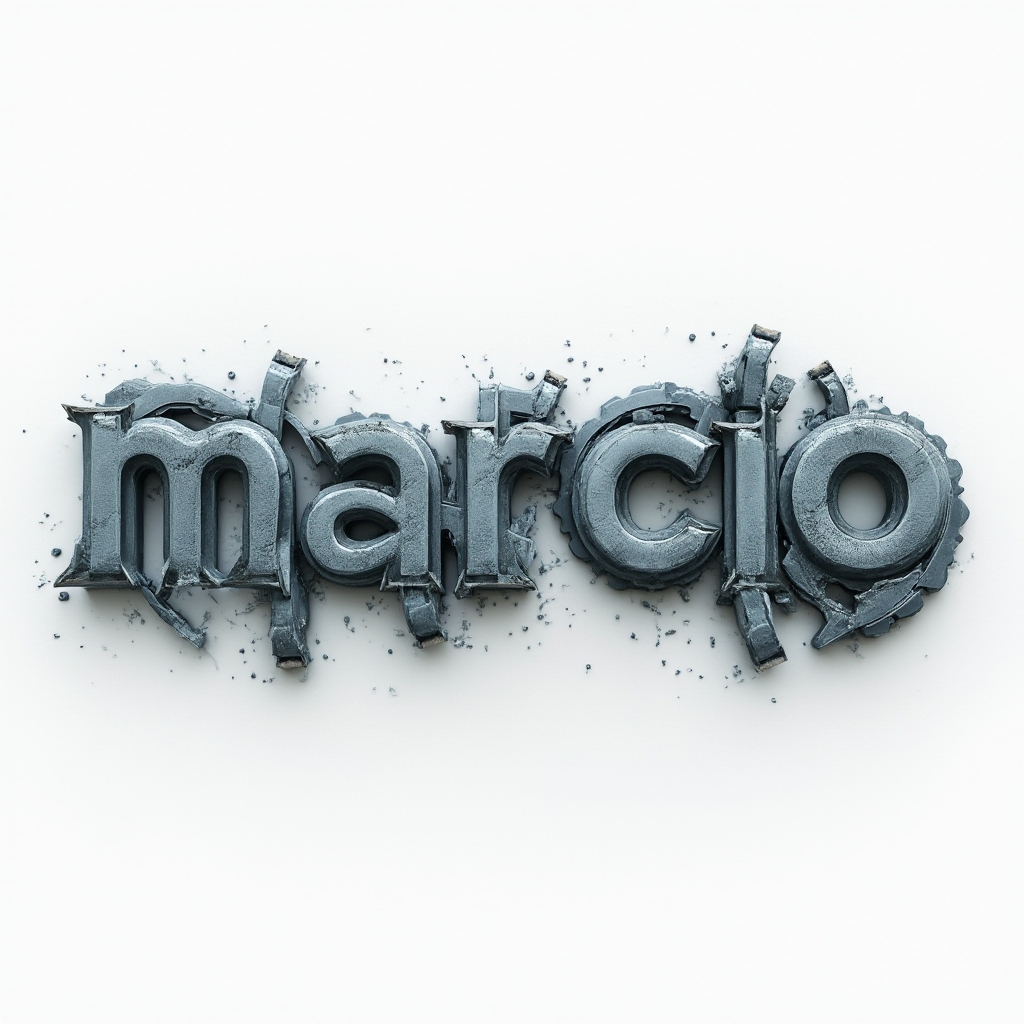 Abstract structural tattoo design where marcio is built from metallic, interlocking letterforms on a white background.
