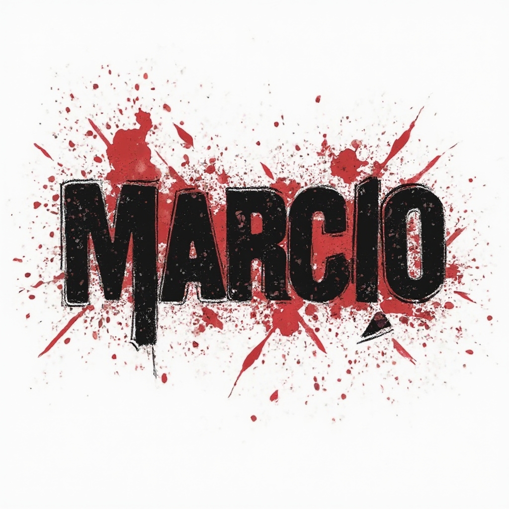 Trash Polka tattoo design where marcio is created with bold black lettering and red splashes on a white background.