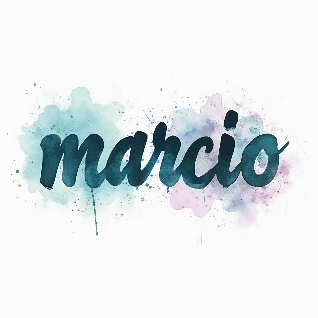 Watercolor tattoo concept where marcio is formed by fluid, colorful brush-style lettering with splashes on a white background.