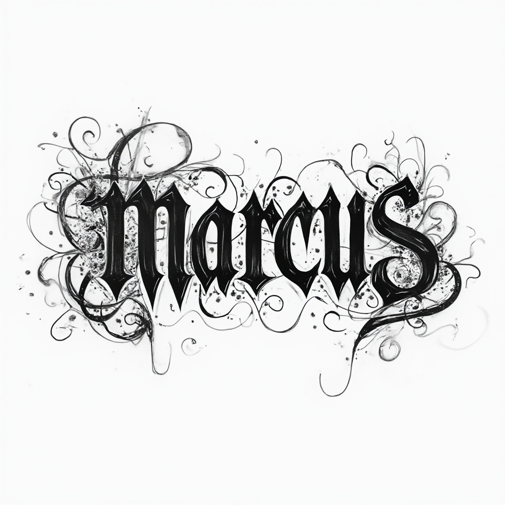 Abstract ornamental and geometric tattoo concept where the name marcus is formed from interwoven black curves and shards on white background.