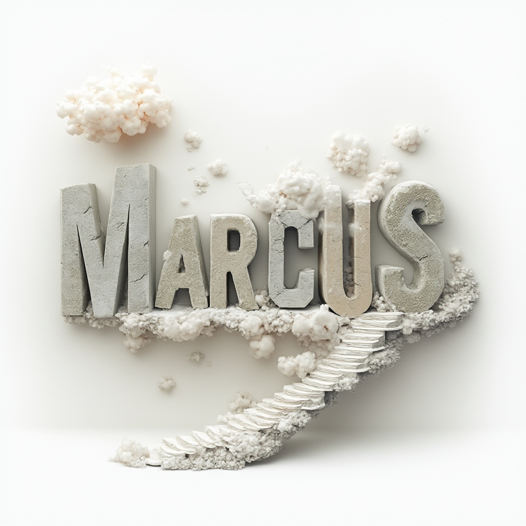 Surreal tattoo concept where the name marcus becomes a floating dreamlike structure on white background.