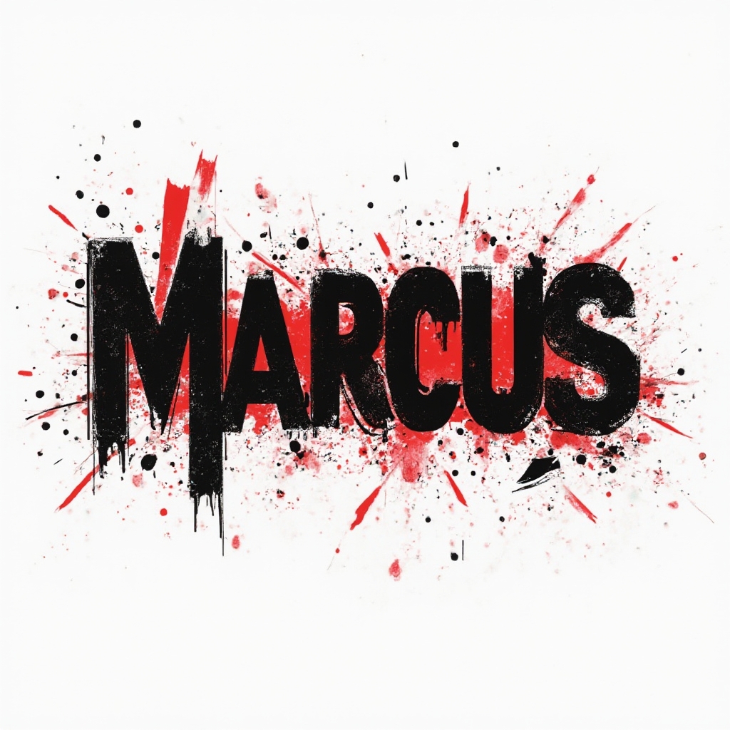 Trash Polka style tattoo artwork spelling marcus with bold black and red abstract elements on white background.