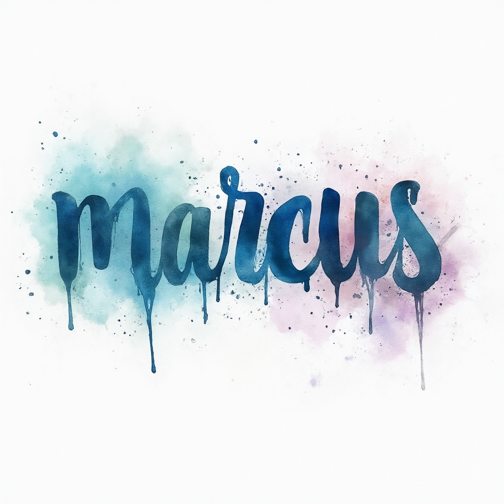 Watercolor-style abstract tattoo design where the name marcus is painted in flowing colorful ink on white background.