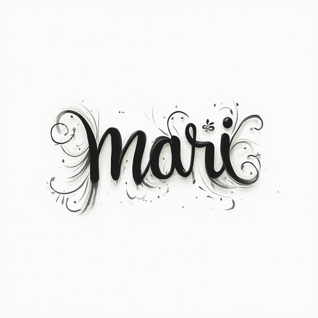 Clean dimensional flowing black and gray tattoo lettering concept spelling the name mari on a white background.