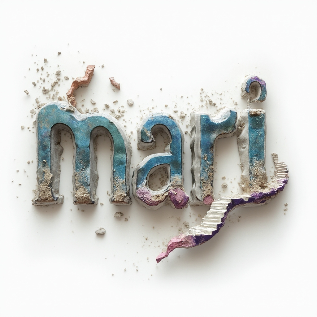 Surreal abstract tattoo concept where morphing structures form the name mari on a white background.