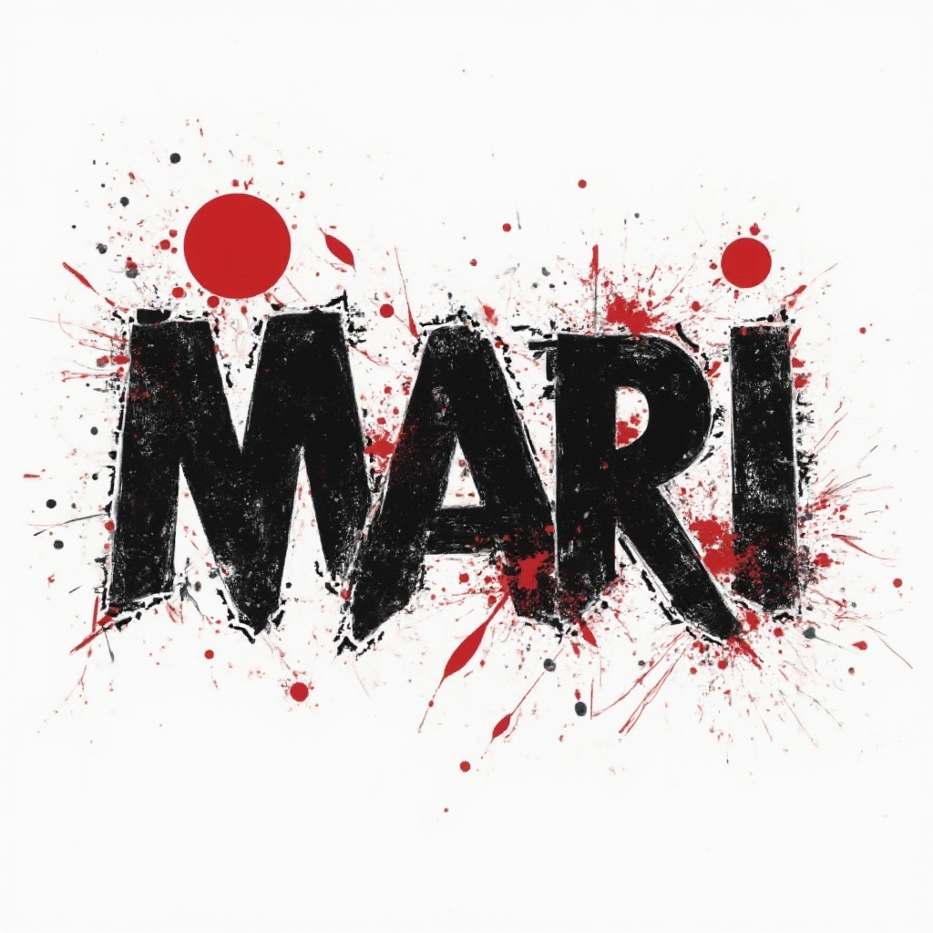 Trash Polka-inspired black and red abstract tattoo design forming the name mari on a white background.