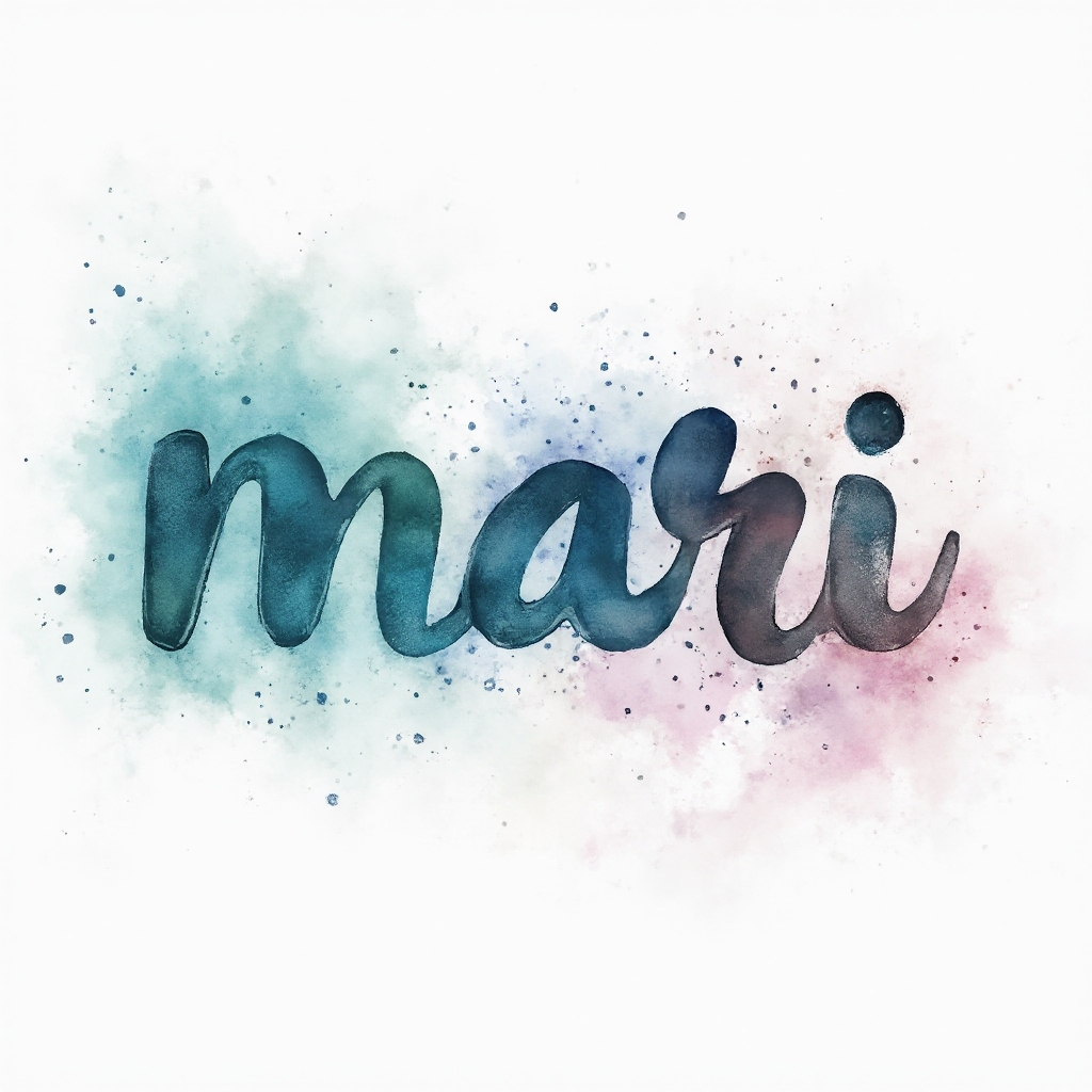 Watercolor-style splash tattoo concept forming the name mari in colorful flowing ink on a white background.