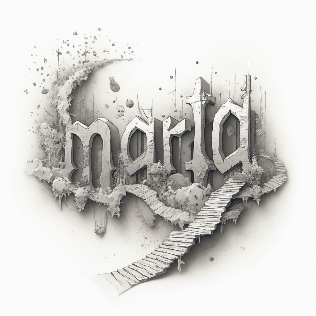 Surrealist tattoo design where the name marta is built from dreamlike architectural shapes on a white background.