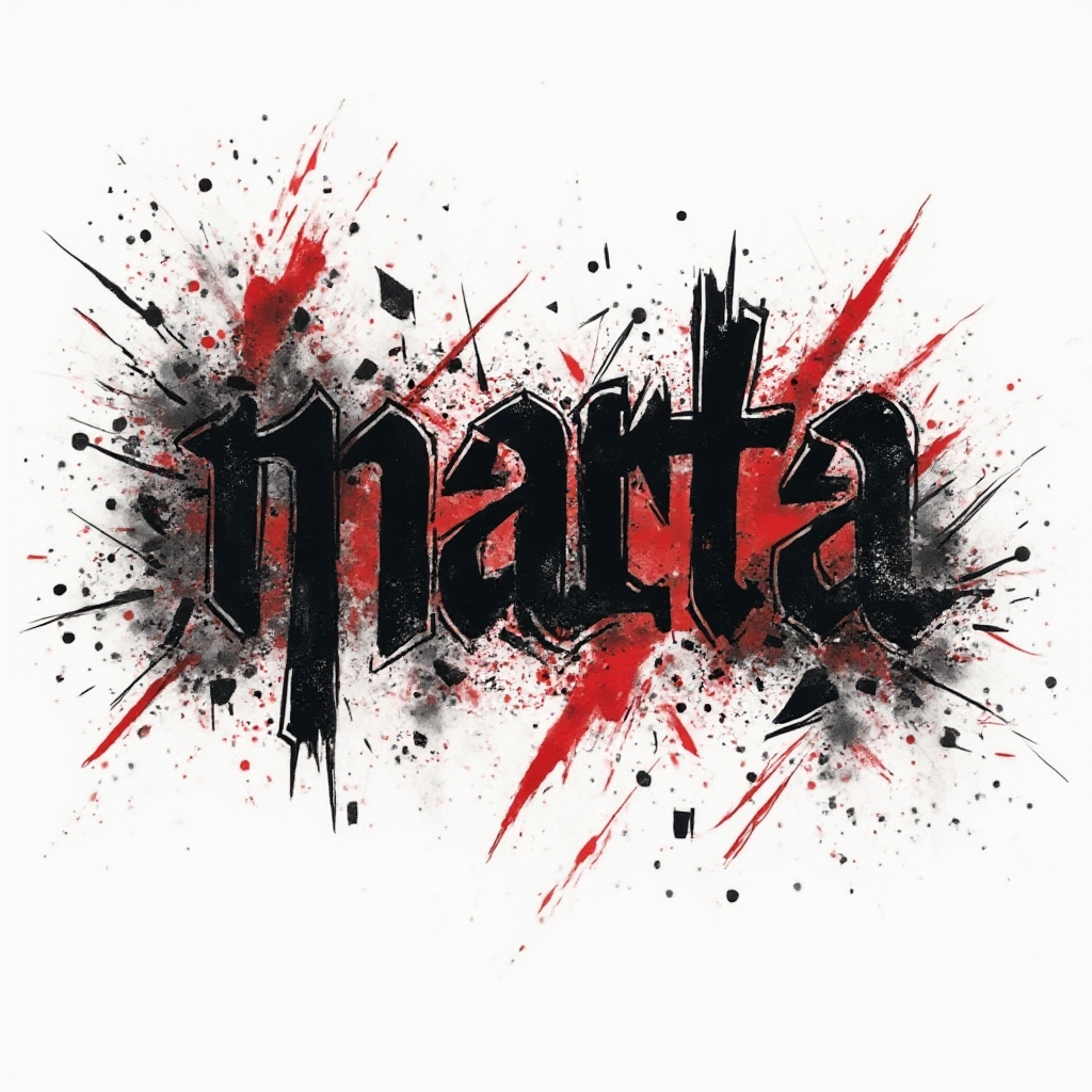 Trash Polka tattoo design of the name marta with bold black strokes, red accents, and grunge textures on a white background.