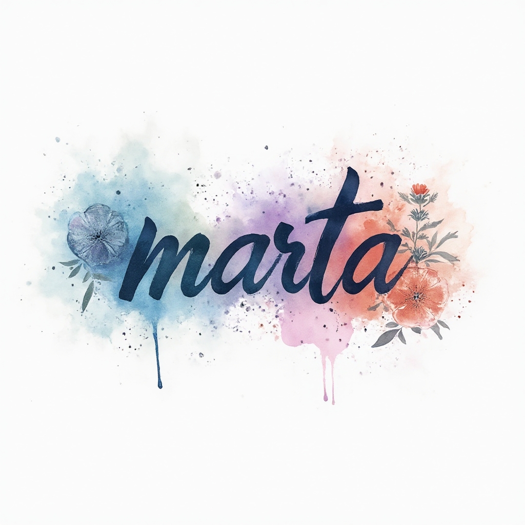 Watercolor tattoo design of the name marta in flowing brushstroke script with colorful splashes on a white background.